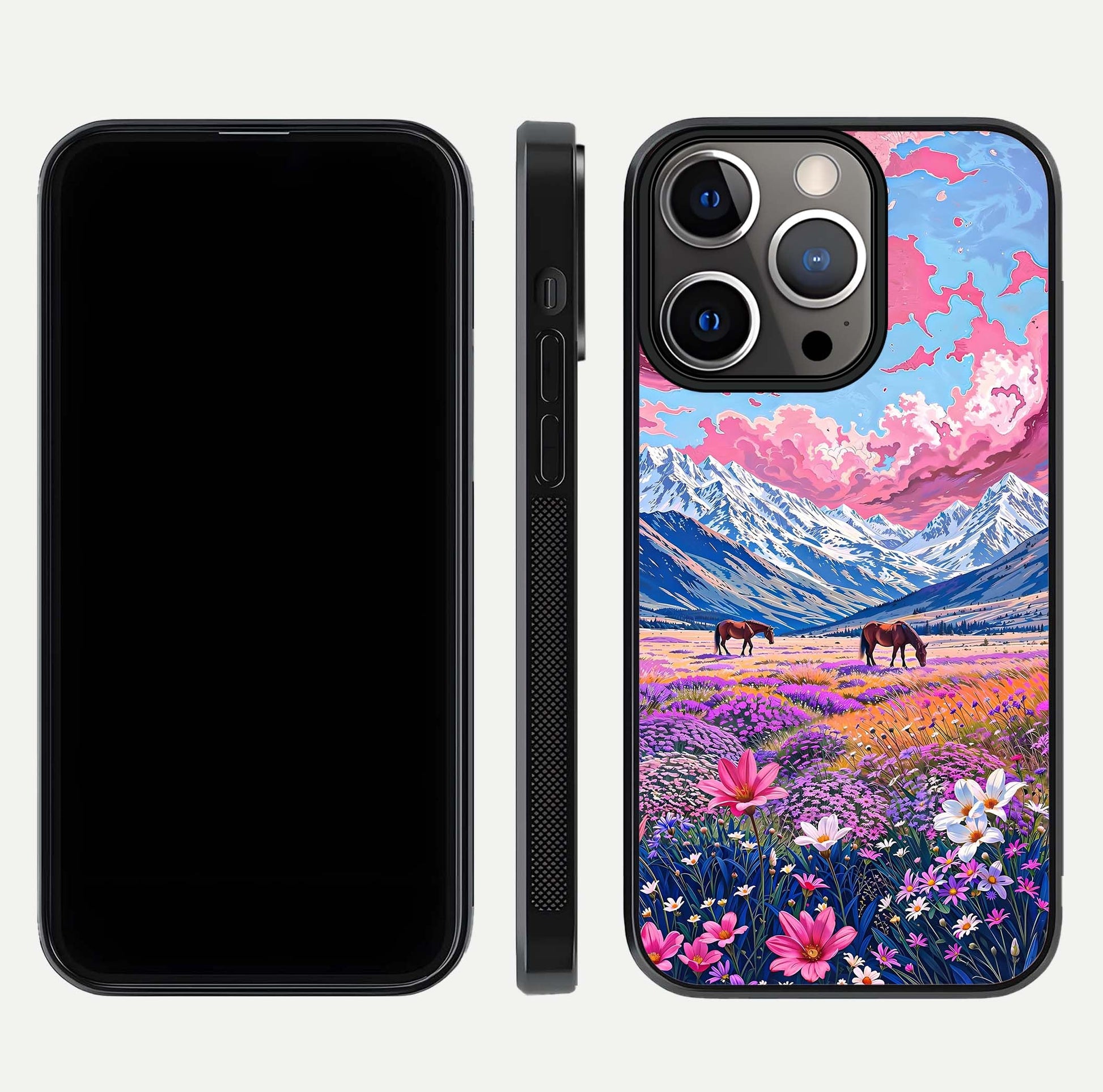 Blossom Valley Dream Glass Case for iPhone 13 Pro front-and-back layout highlighting glossy reflection and edge cut