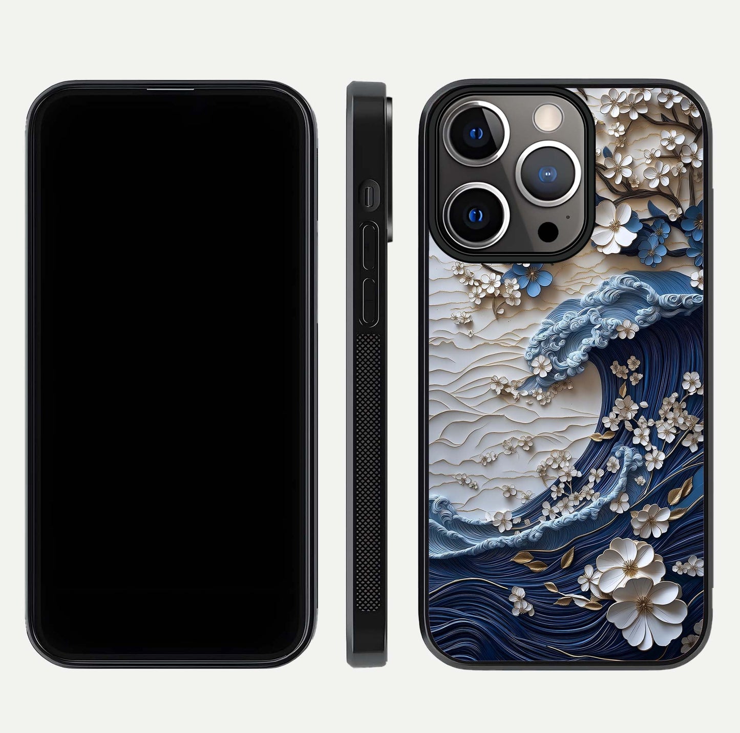 Blossom Wave Art Glass Case for iPhone 13 Pro front-and-back layout showing curved design and glass clarity