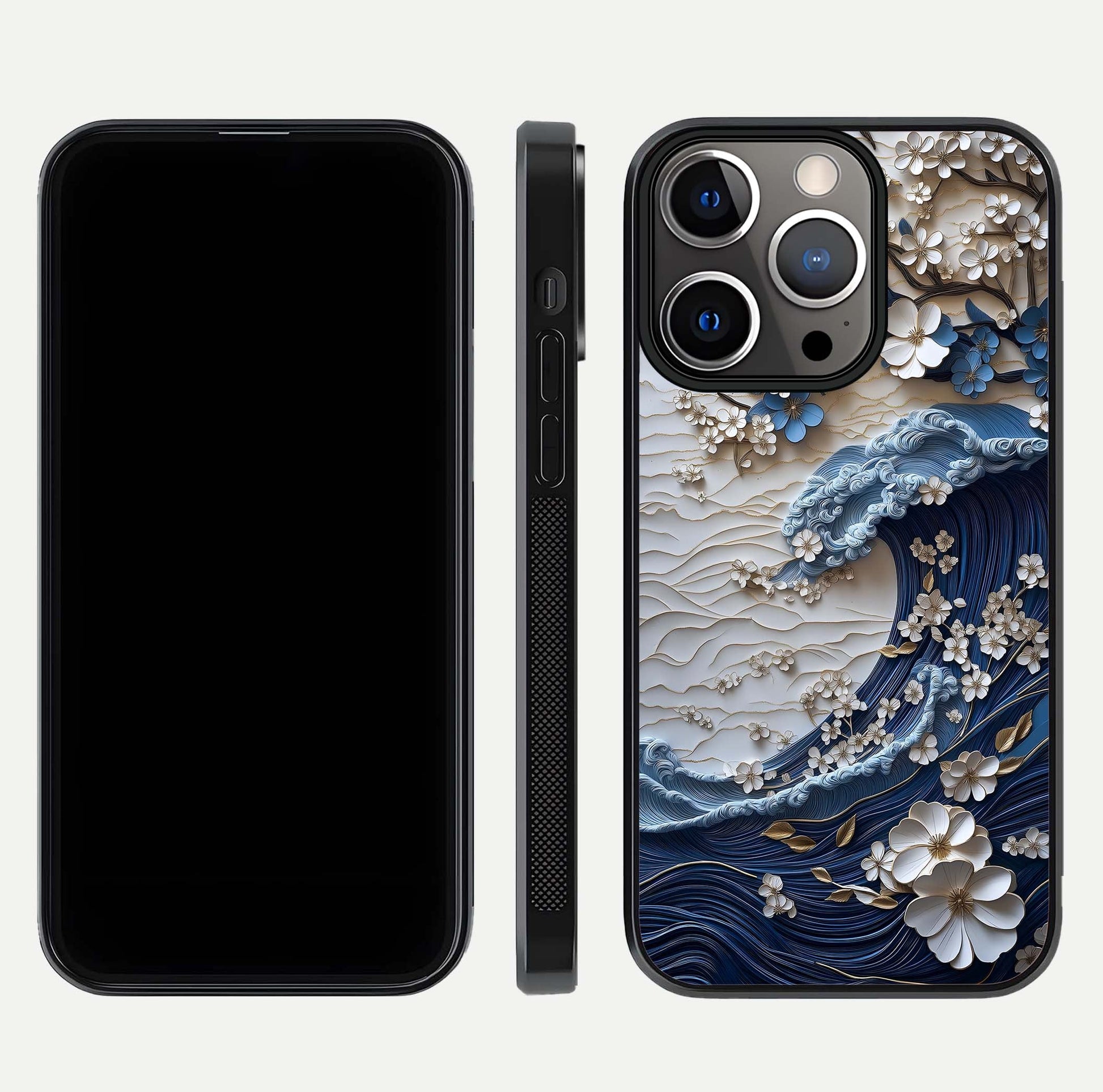 Blossom Wave Art Glass Case for iPhone 13 Pro front-and-back layout showing curved design and glass clarity