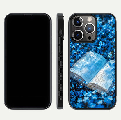 Blue Bloom Tales Glass Case for iPhone 13 Pro dual-view layout highlighting shine, floral print, and smooth edges