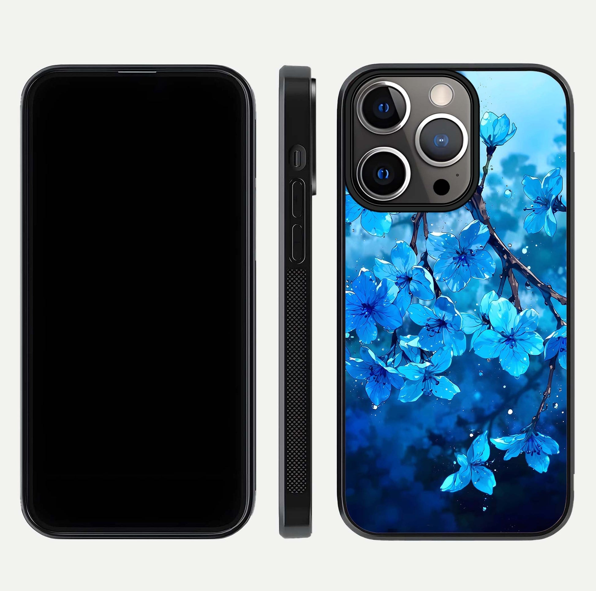 Blue Blossoms Branch Glass Case for iPhone 13 Pro dual-view layout displaying floral art and sleek protective frame