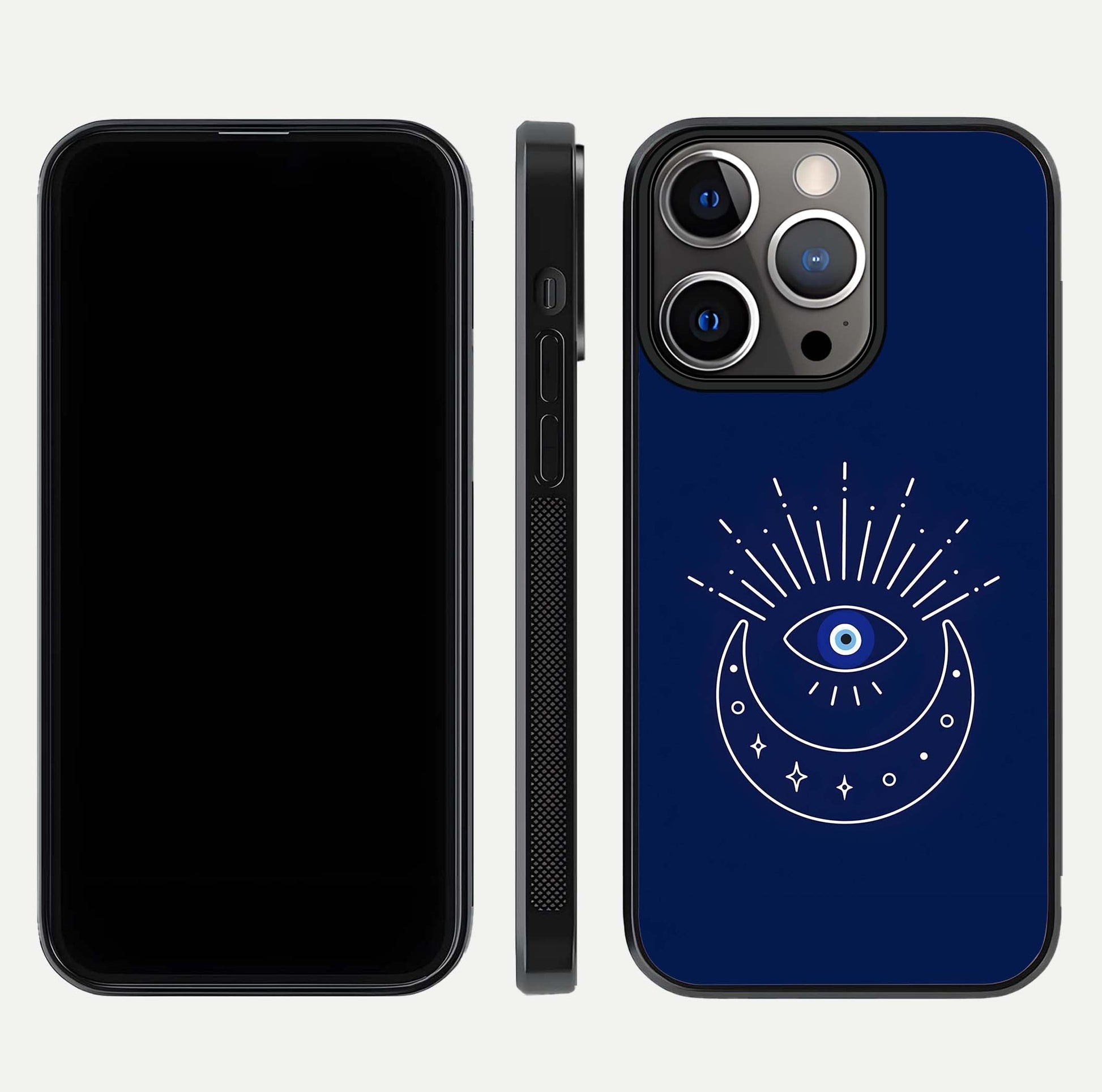 Blue Evil Eye Glass Case for iPhone 13 Pro front-and-back layout showing blue aura design and curved-edge clarity