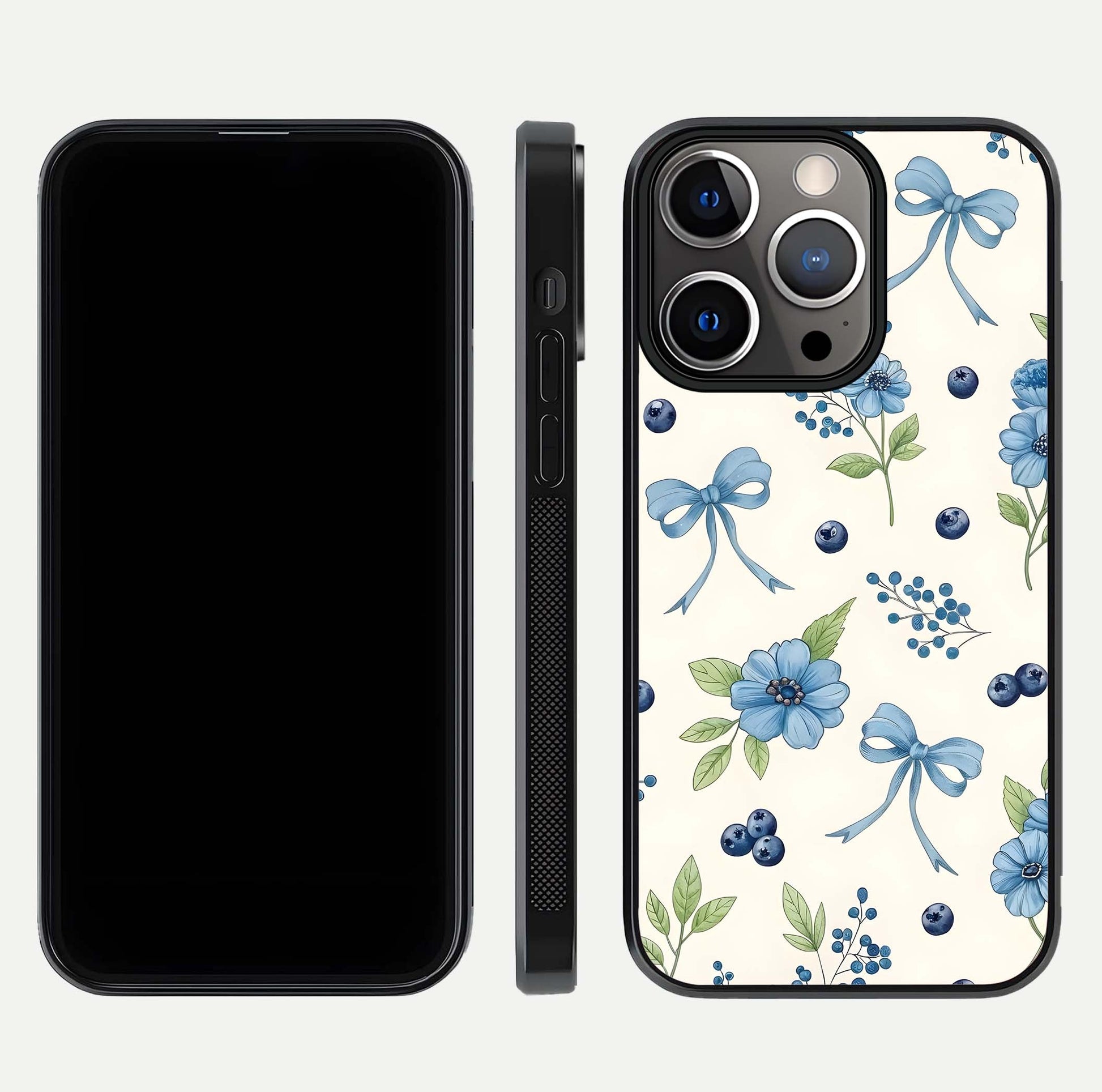 Blue Flower & Bow Glass Case for iPhone 13 Pro dual-view layout showing balanced pattern and smooth edges