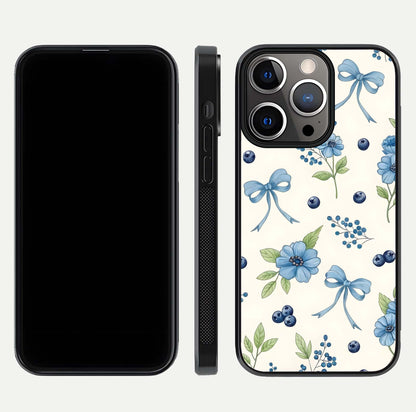 Blue Flower & Bow Glass Case for iPhone 13 Pro dual-view layout showing balanced pattern and smooth edges