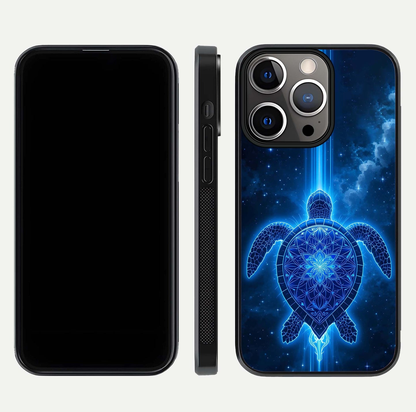 Blue Galaxy Turtle Glass Case for iPhone 13 Pro front-and-back layout highlighting cosmic art and reflective glass