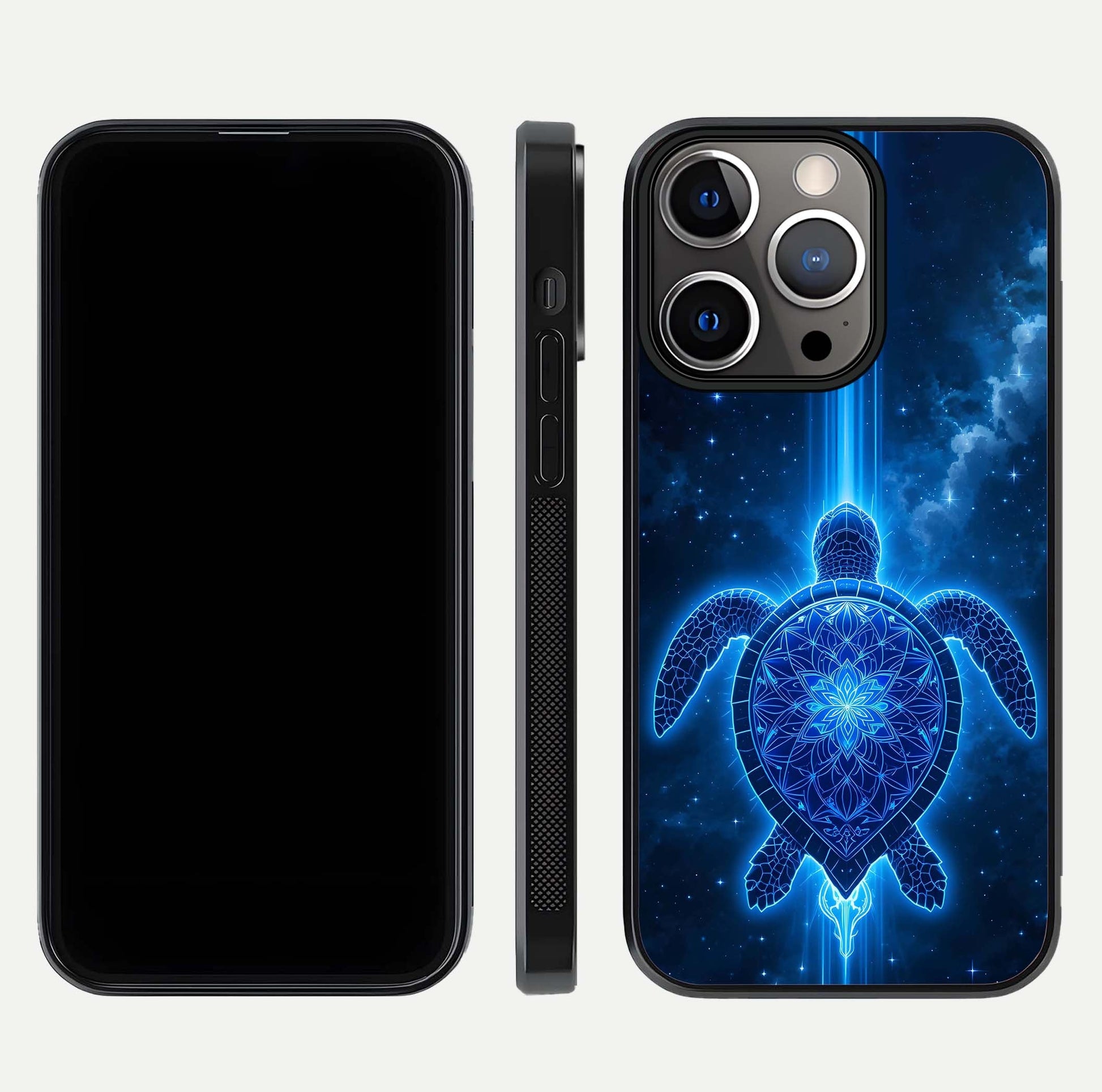 Blue Galaxy Turtle Glass Case for iPhone 13 Pro front-and-back layout highlighting cosmic art and reflective glass