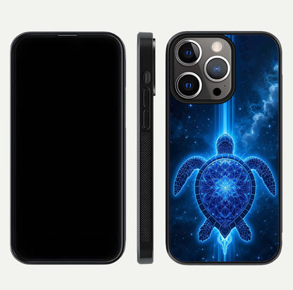 Blue Galaxy Turtle Glass Case for iPhone 13 Pro front-and-back layout highlighting cosmic art and reflective glass