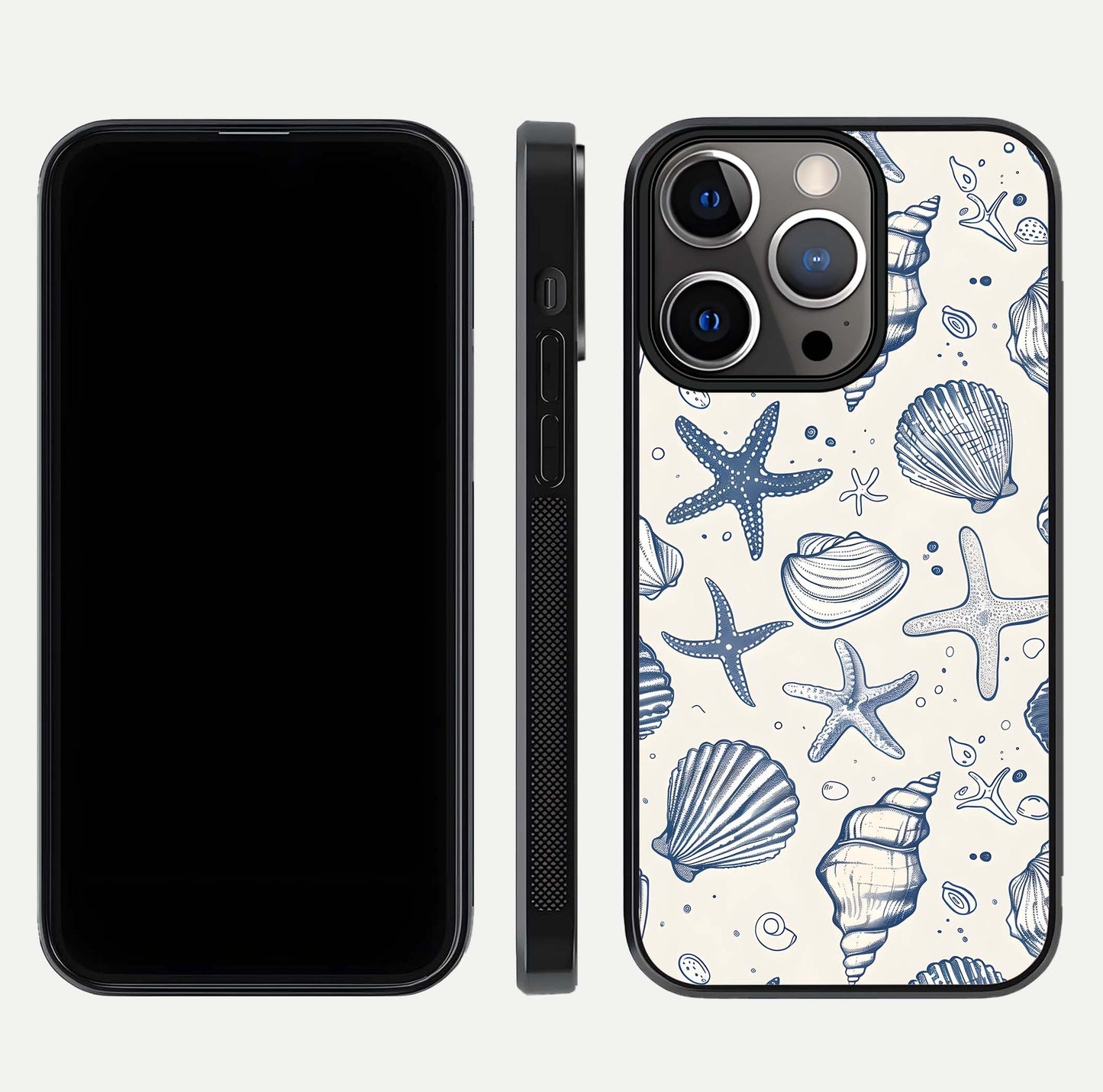 Blue Ocean Outline Glass Case for iPhone 13 Pro front-and-back layout showing minimal wave design and HD gloss