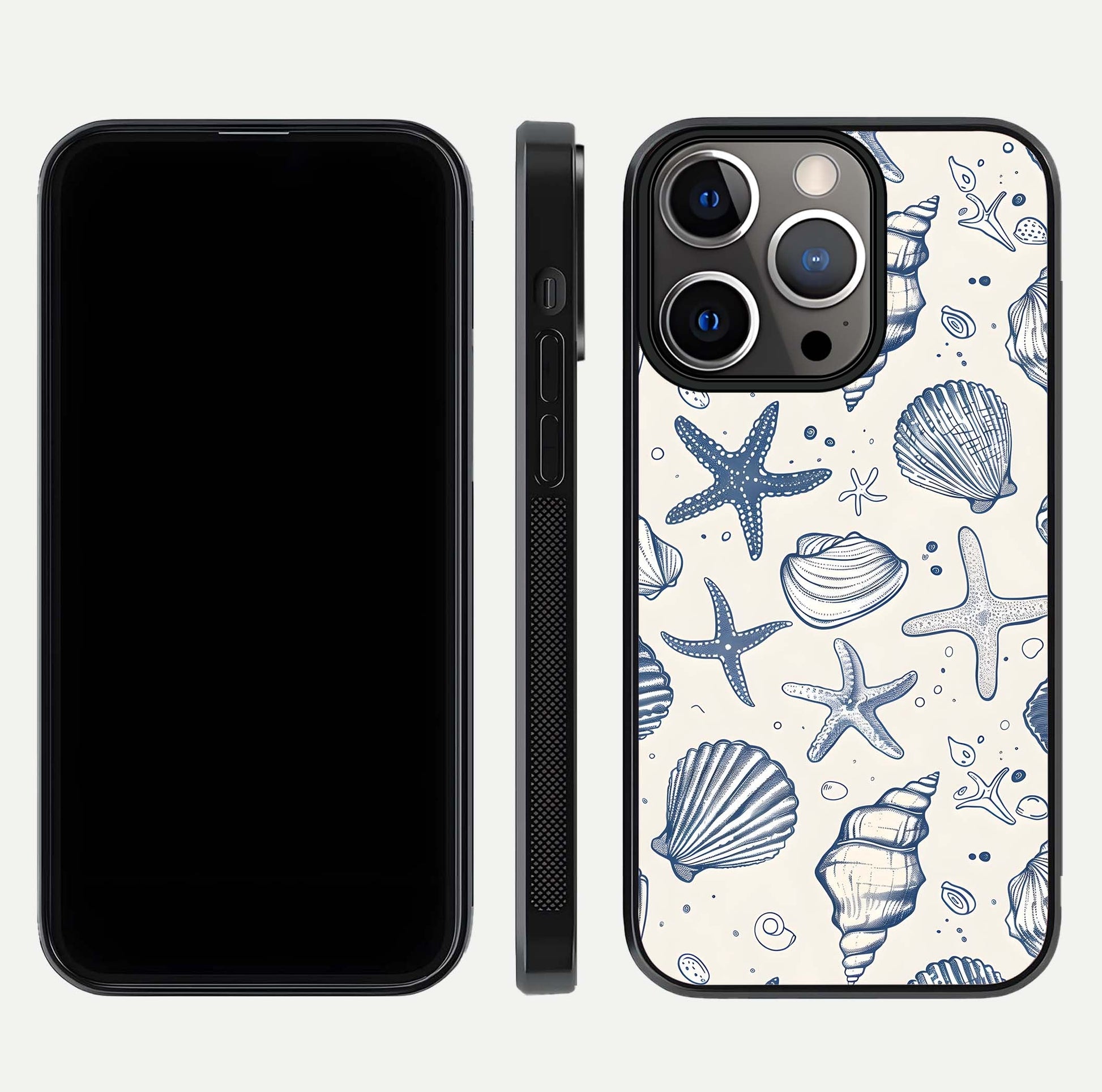 Blue Ocean Outline Glass Case for iPhone 13 Pro front-and-back layout showing minimal wave design and HD gloss
