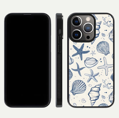 Blue Ocean Outline Glass Case for iPhone 13 Pro front-and-back layout showing minimal wave design and HD gloss