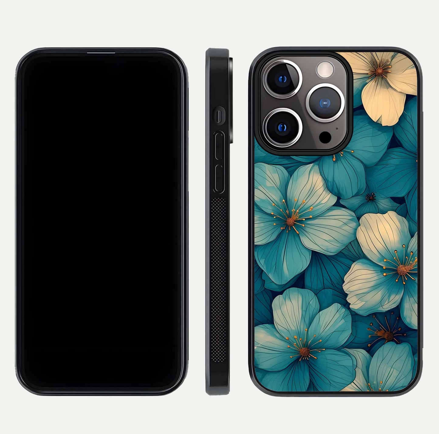 Blue Shade Floral Glass Case for iPhone 13 Pro front-and-back layout displaying bloom contrast and edge polish