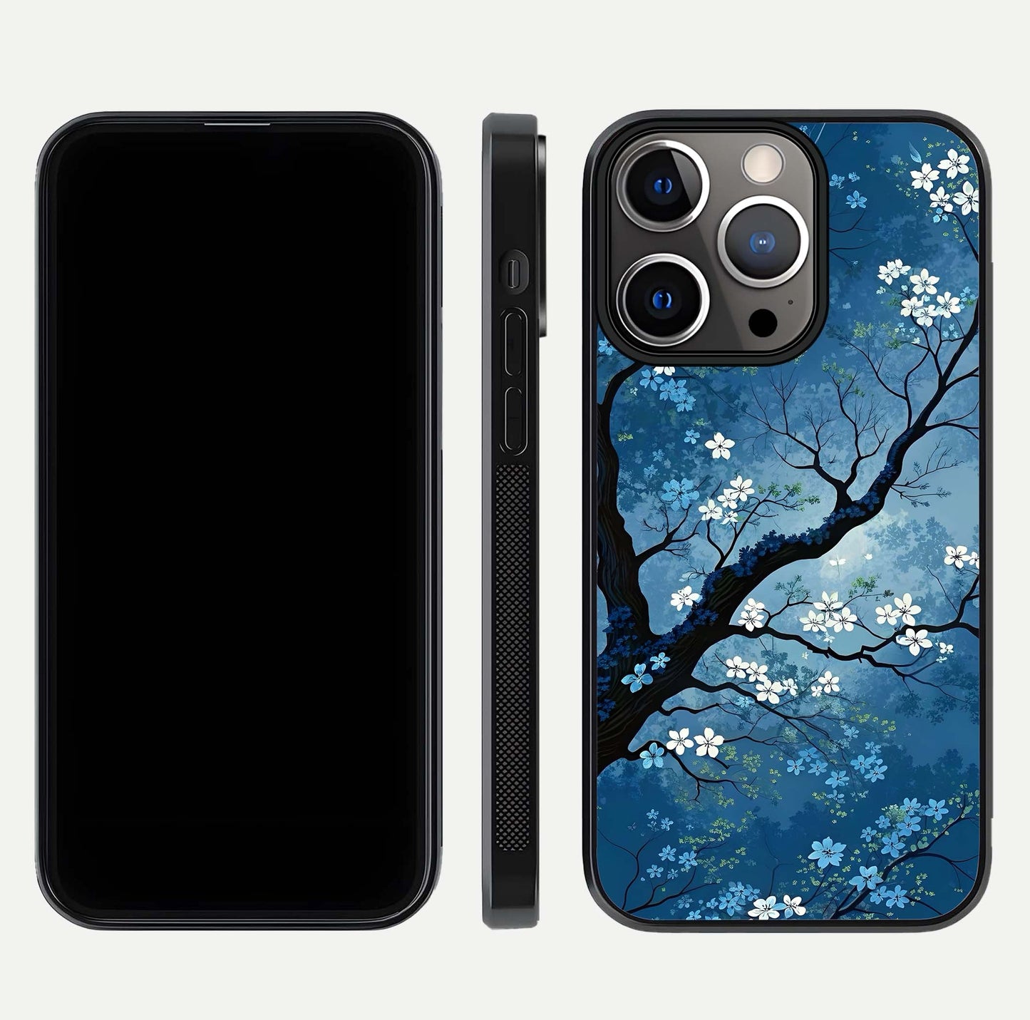 Blue Tree Serenity Glass Case for iPhone 13 Pro front-and-back layout showing gradient background and smooth edges