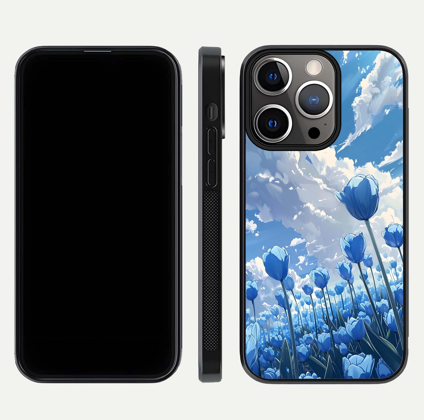 Blue Tulip Clouds Glass Case for iPhone 13 Pro front-and-back layout showcasing floral detail and polished edges