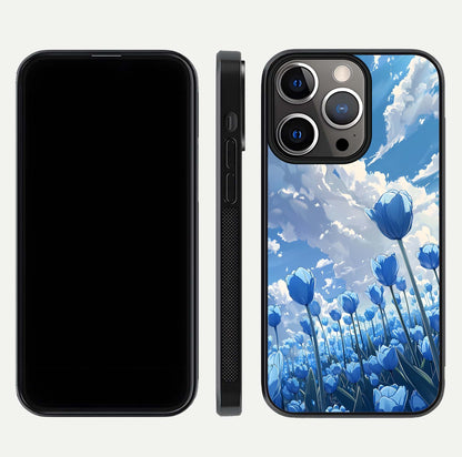 Blue Tulip Clouds Glass Case for iPhone 13 Pro front-and-back layout showcasing floral detail and polished edges