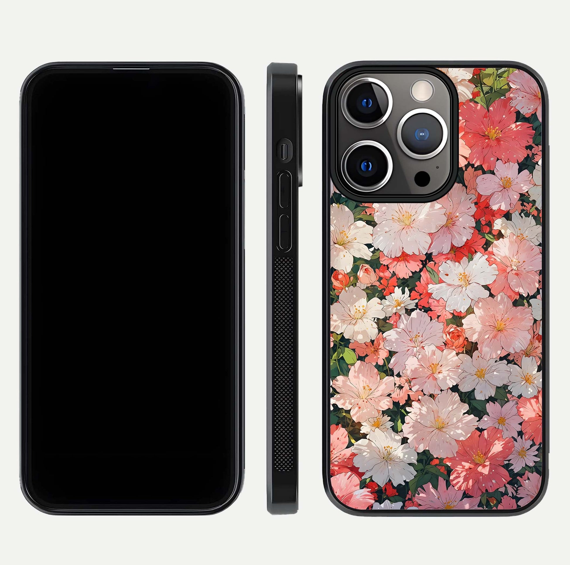Blush Bloom Field Glass Case for iPhone 13 Pro dual-view layout showing bloom arrangement and protective frame