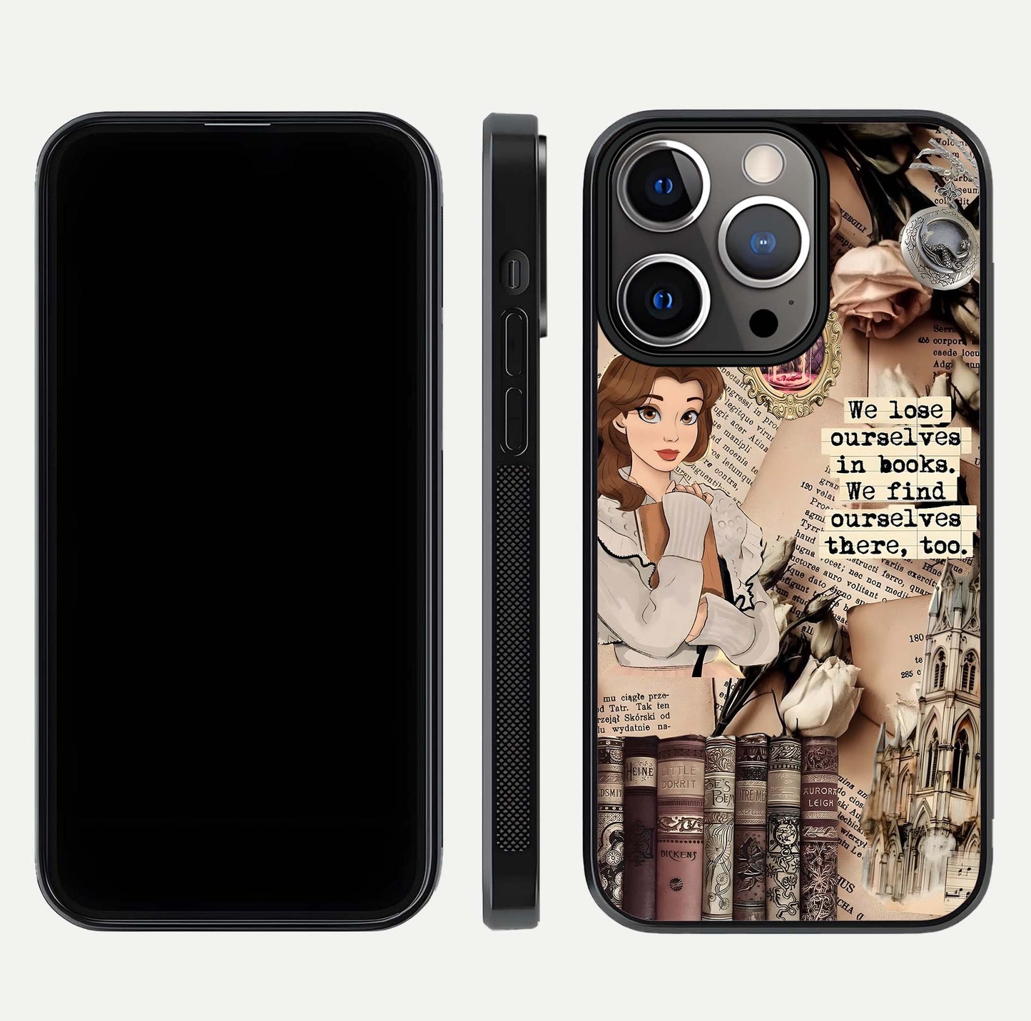 Bookish Dream World Glass Case for iPhone 13 Pro dual-view layout displaying colorful fantasy print and edge finish