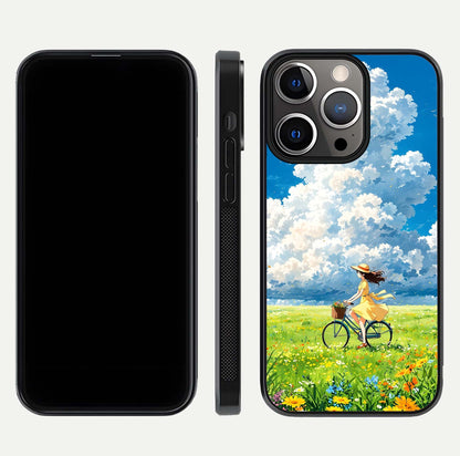 Breezy Meadow Ride Glass Case for iPhone 13 Pro dual-view layout showing soft landscape design and reflection gloss