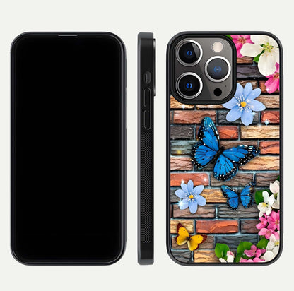 Brick Bloom Flight Glass Case for iPhone 13 Pro dual-view layout showing bloom placement and protective edge design