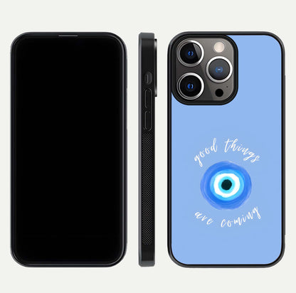 Bright Future Ahead Glass Case for iPhone 13 Pro front-and-back layout showing clean font style and gloss shine