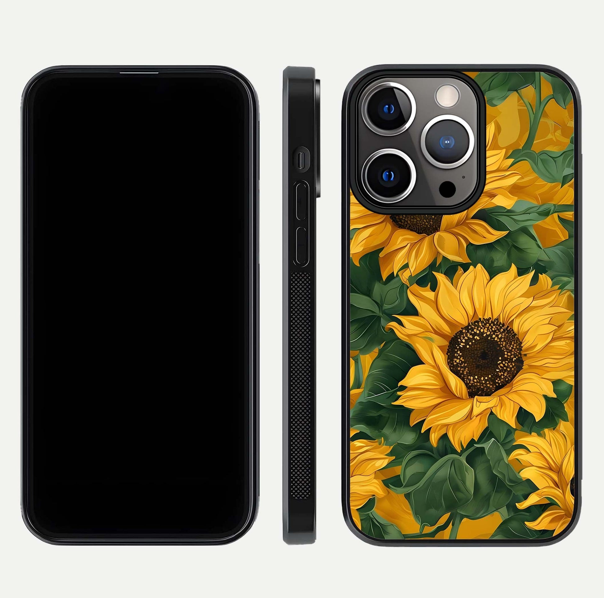 Bright Sunflower Bloom Glass Case for iPhone 13 Pro dual-view layout displaying floral glow and curved glass edge