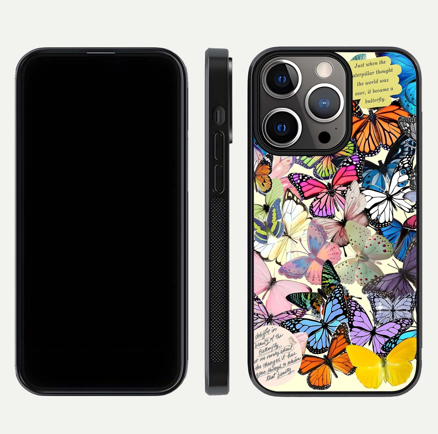 Butterflies Petal Dream Glass Case for iPhone 13 Pro front-and-back layout showcasing floral spread and reflection shine