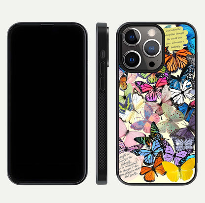 Butterflies Petal Dream Glass Case for iPhone 13 Pro front-and-back layout showcasing floral spread and reflection shine