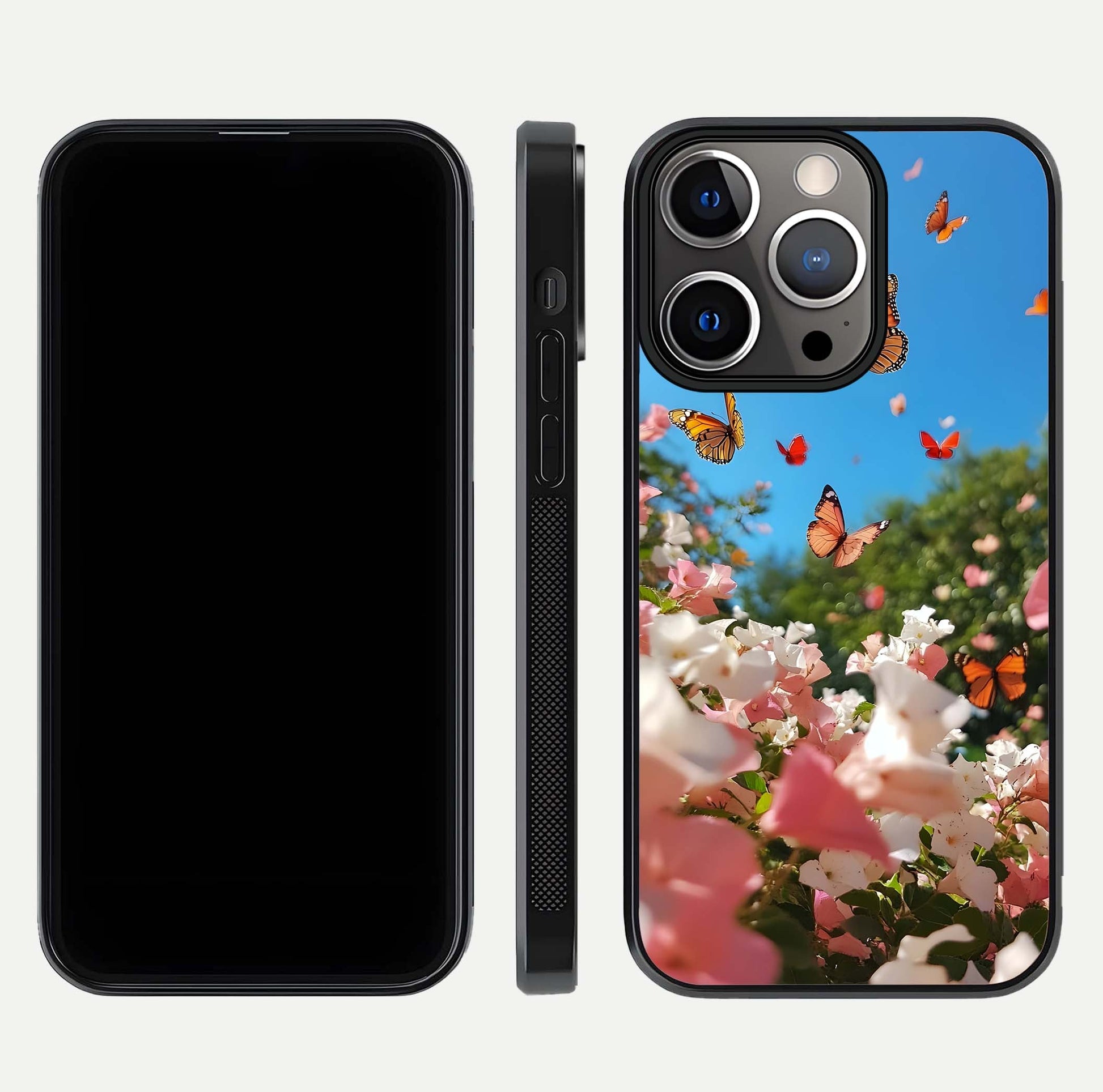 Butterflies in Bloom Sky Glass Case for iPhone 13 Pro dual-view layout displaying elegant composition and glass gloss