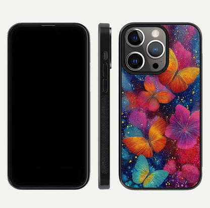 Butterfly Dream Mist Glass Case for iPhone 13 Pro dual-view layout showing mist background and edge polish