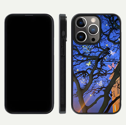 Butterfly Night Magic Glass Case for iPhone 13 Pro dual-view layout displaying balanced art and edge clarity