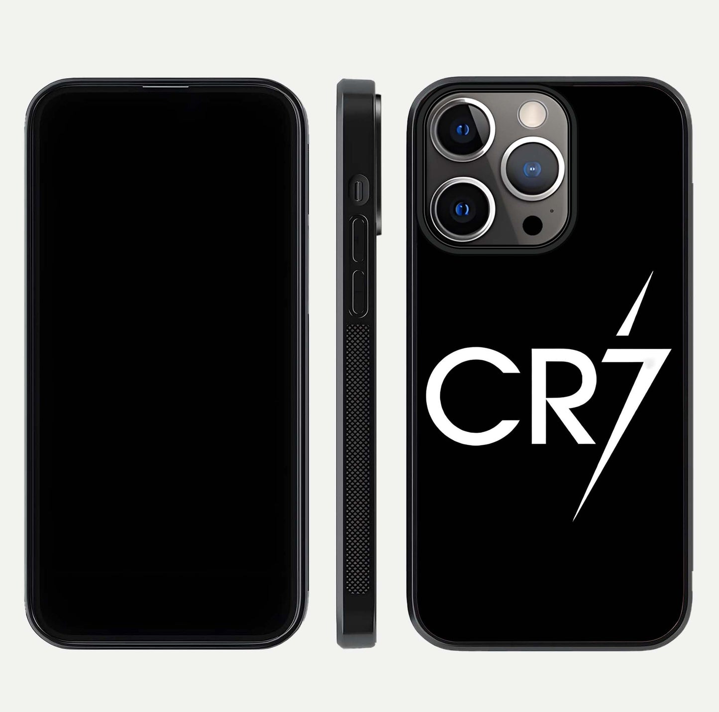 CR7 Elite Strike Glass Case for iPhone 13 Pro dual-view layout showing sport tones and edge clarity
