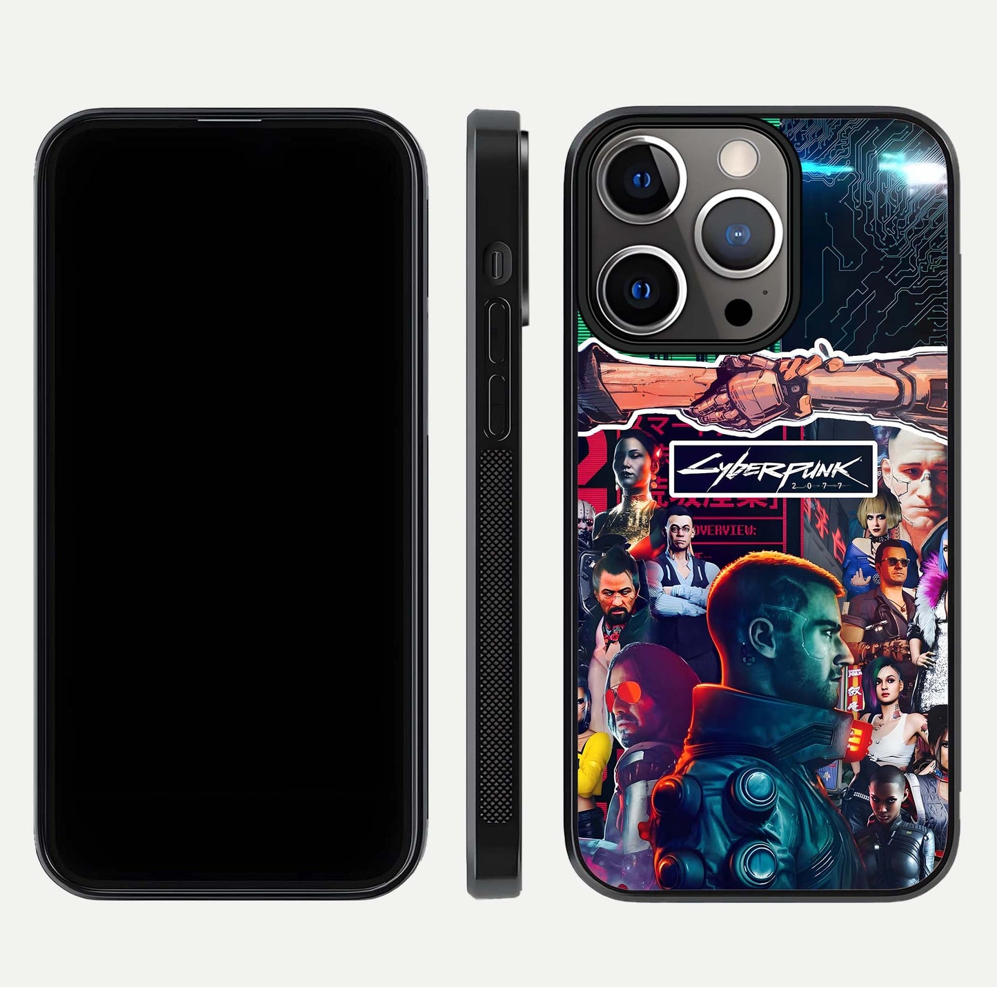 CYBERPUNK Legacy Glass Case for iPhone 13 Pro dual-view layout showing cyberpunk hues and glass precision