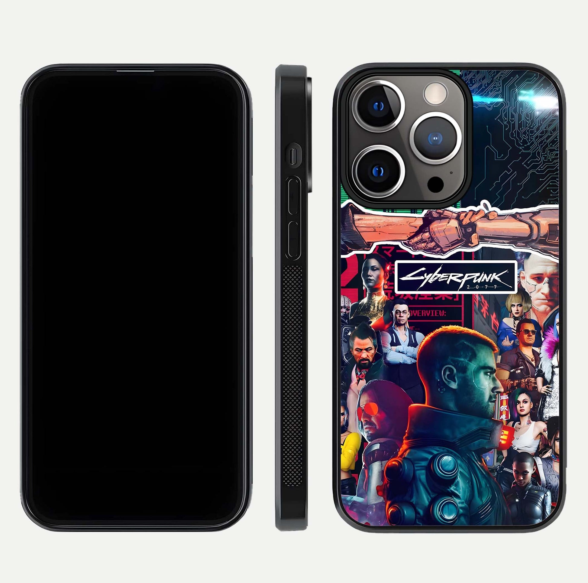 CYBERPUNK Legacy Glass Case for iPhone 13 Pro dual-view layout showing cyberpunk hues and glass precision