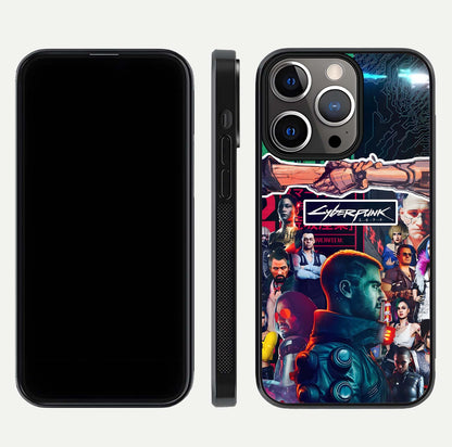 CYBERPUNK Legacy Glass Case for iPhone 13 Pro dual-view layout showing cyberpunk hues and glass precision