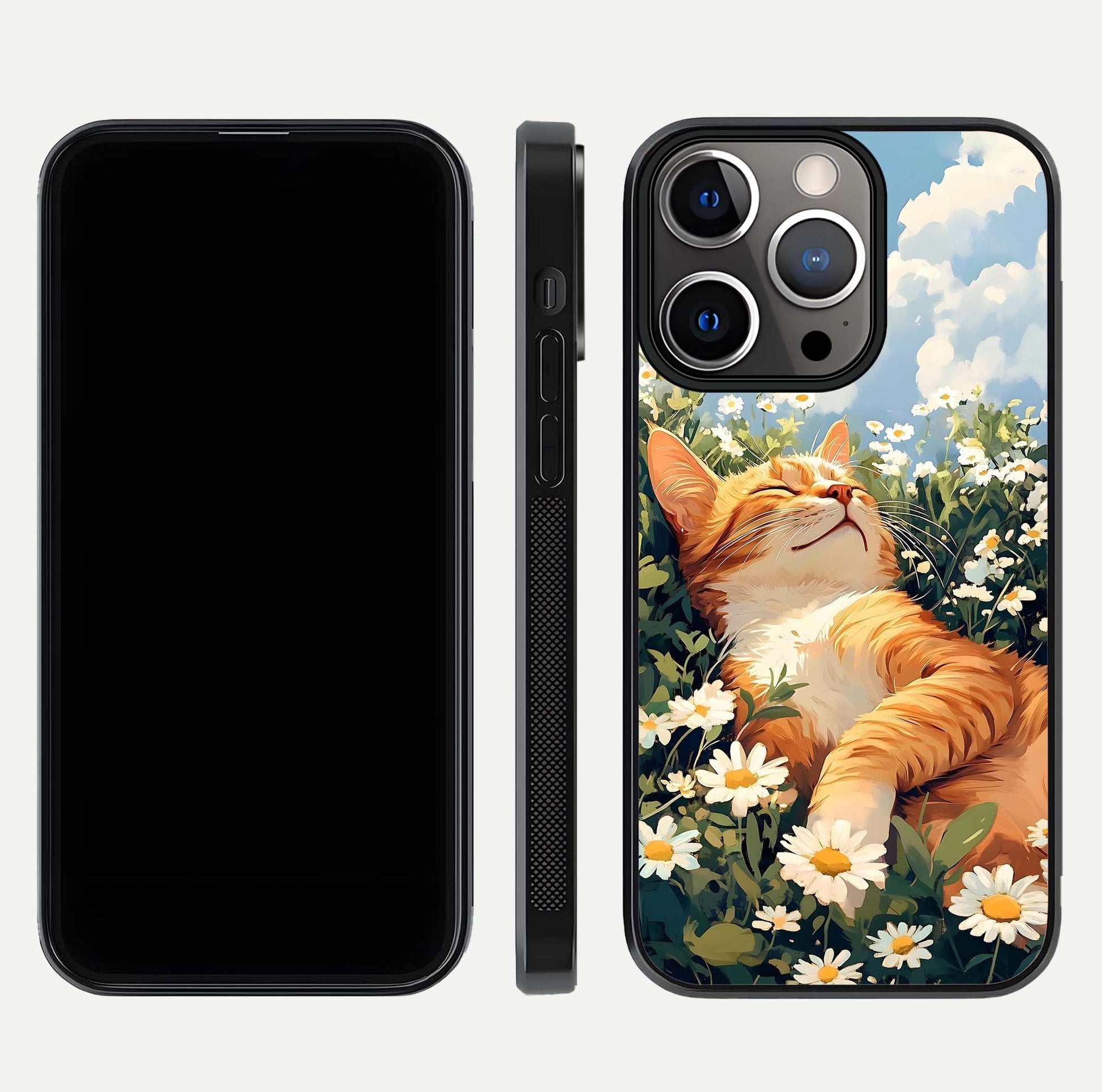 Cat & Flowers View Glass Case for iPhone 13 Pro front-and-back layout showing floral balance and gloss surface