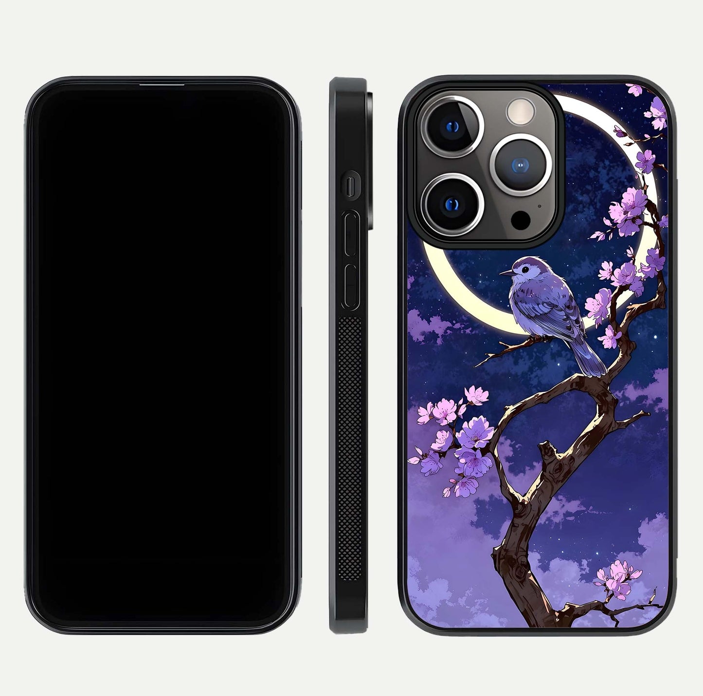 Celestial Bird Blossom Glass Case for iPhone 13 Pro dual-view layout showing art composition and edge clarity