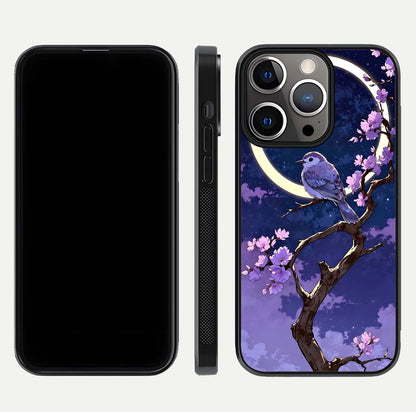 Celestial Bird Blossom Glass Case for iPhone 13 Pro dual-view layout showing art composition and edge clarity