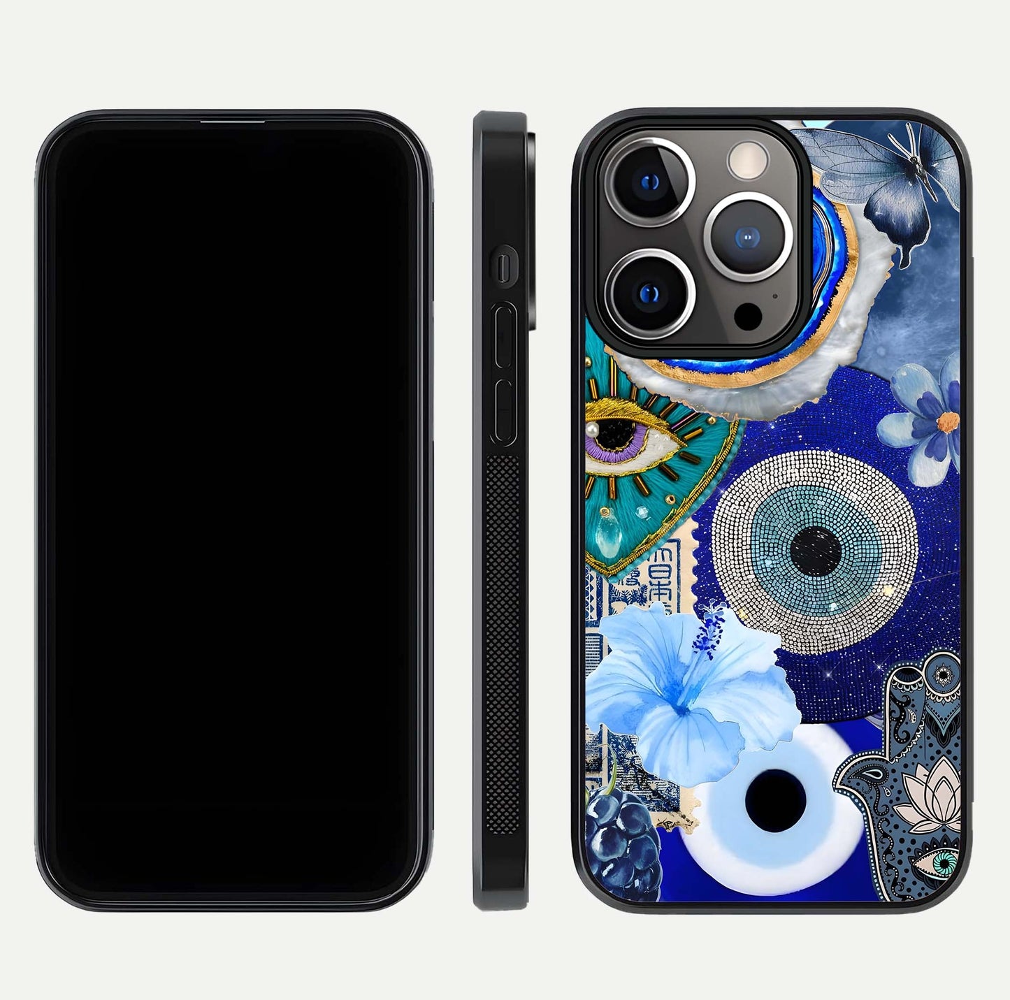 Celestial Blue Vision Glass Case for iPhone 13 Pro dual-view layout showing celestial gradient and curved edges