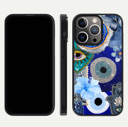 Celestial Blue Vision Glass Case for iPhone 13 Pro dual-view layout showing celestial gradient and curved edges