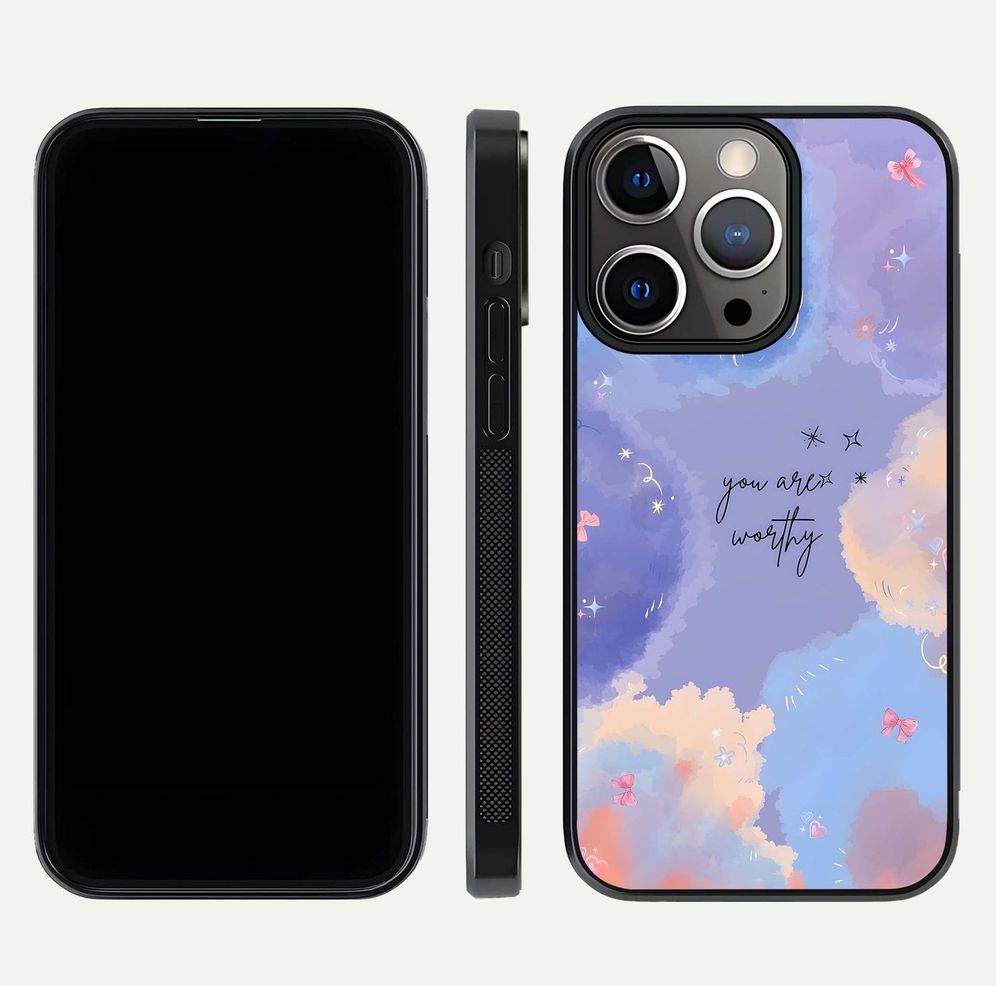 Celestial Cloud Magic Glass Case for iPhone 13 Pro dual-view layout showcasing soft color transition and gloss shine