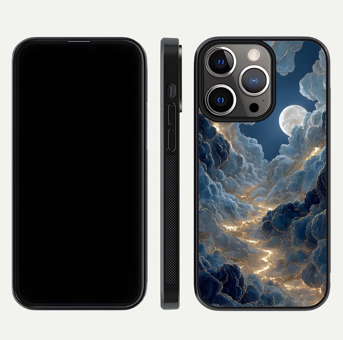 Celestial Cloud Road Glass Case for iPhone 13 Pro front-and-back layout displaying balance between light and depth