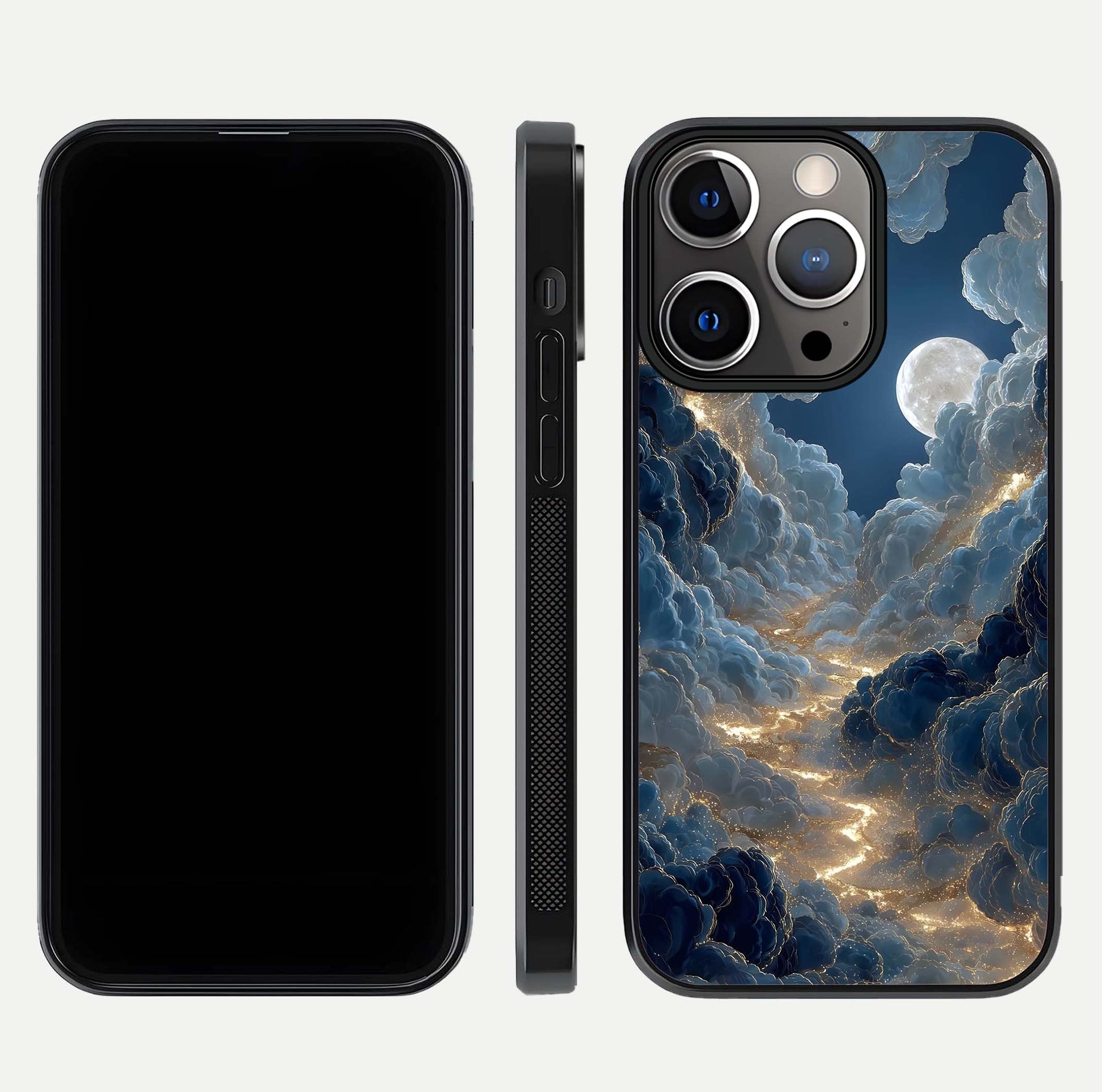 Celestial Cloud Road Glass Case for iPhone 13 Pro front-and-back layout displaying balance between light and depth