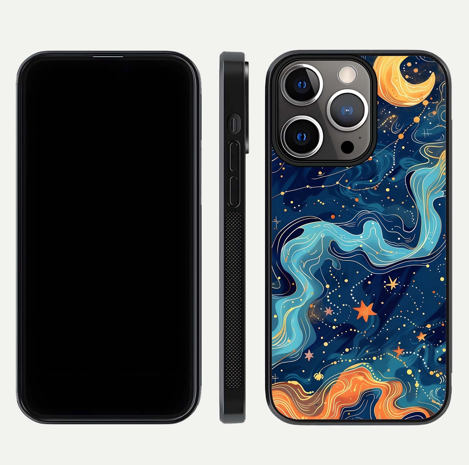 Celestial Dream Flow Glass Case for iPhone 13 Pro dual-view layout showing abstract flow and curved glass