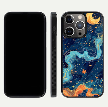 Celestial Dream Flow Glass Case for iPhone 13 Pro dual-view layout showing abstract flow and curved glass