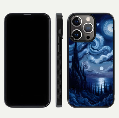 Celestial Dream Van Gogh Glass Case for iPhone 13 Pro dual-view layout displaying art texture and glass polish