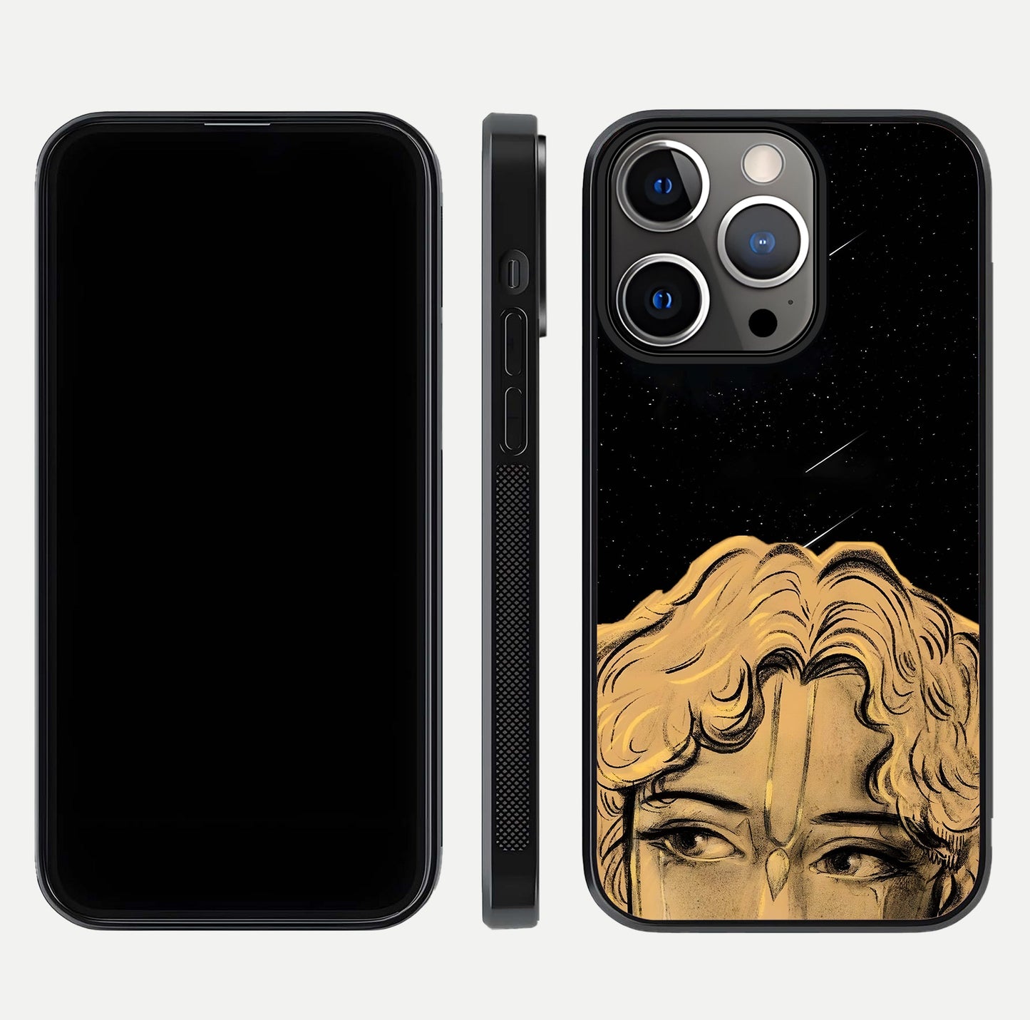Celestial God’s Plan Glass Case for iPhone 13 Pro front & back layout showing smooth finish and spiritual art