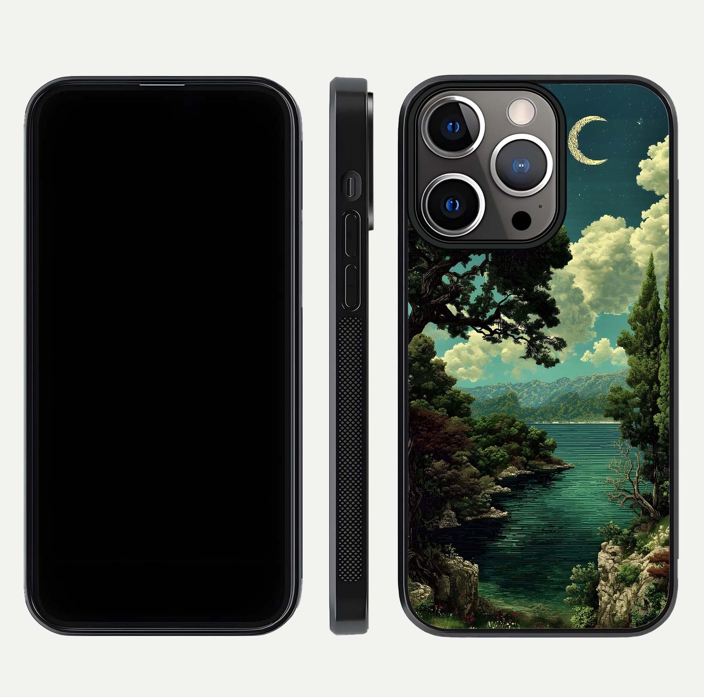 Celestial Lake Peace Glass Case for iPhone 13 Pro dual-view layout showing soft hues and HD shine