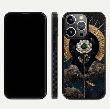 Celestial Lotus Morang Glass Case for iPhone 13 Pro dual-view layout displaying floral symmetry and polished edges