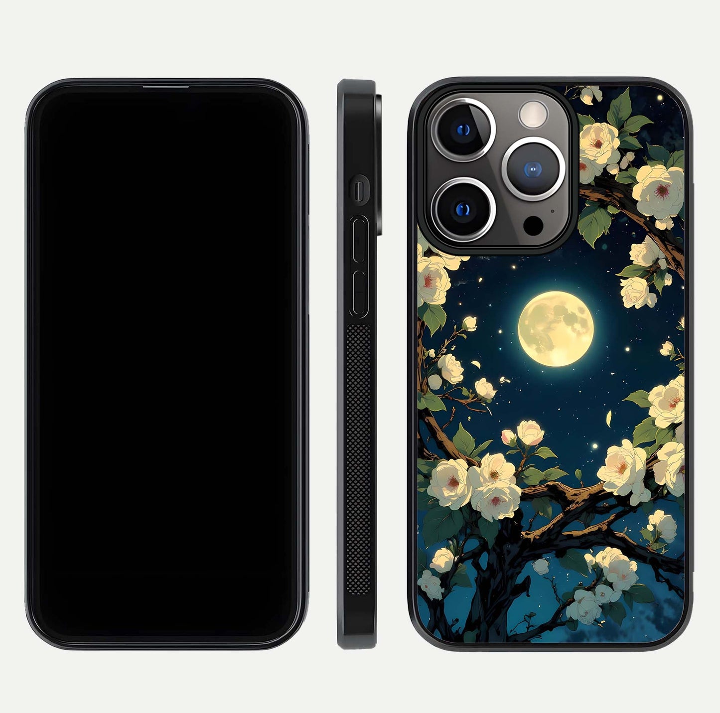 Celestial Moon & Flower Glass Case for iPhone 13 Pro dual-view layout showing balanced lunar art and gloss tone