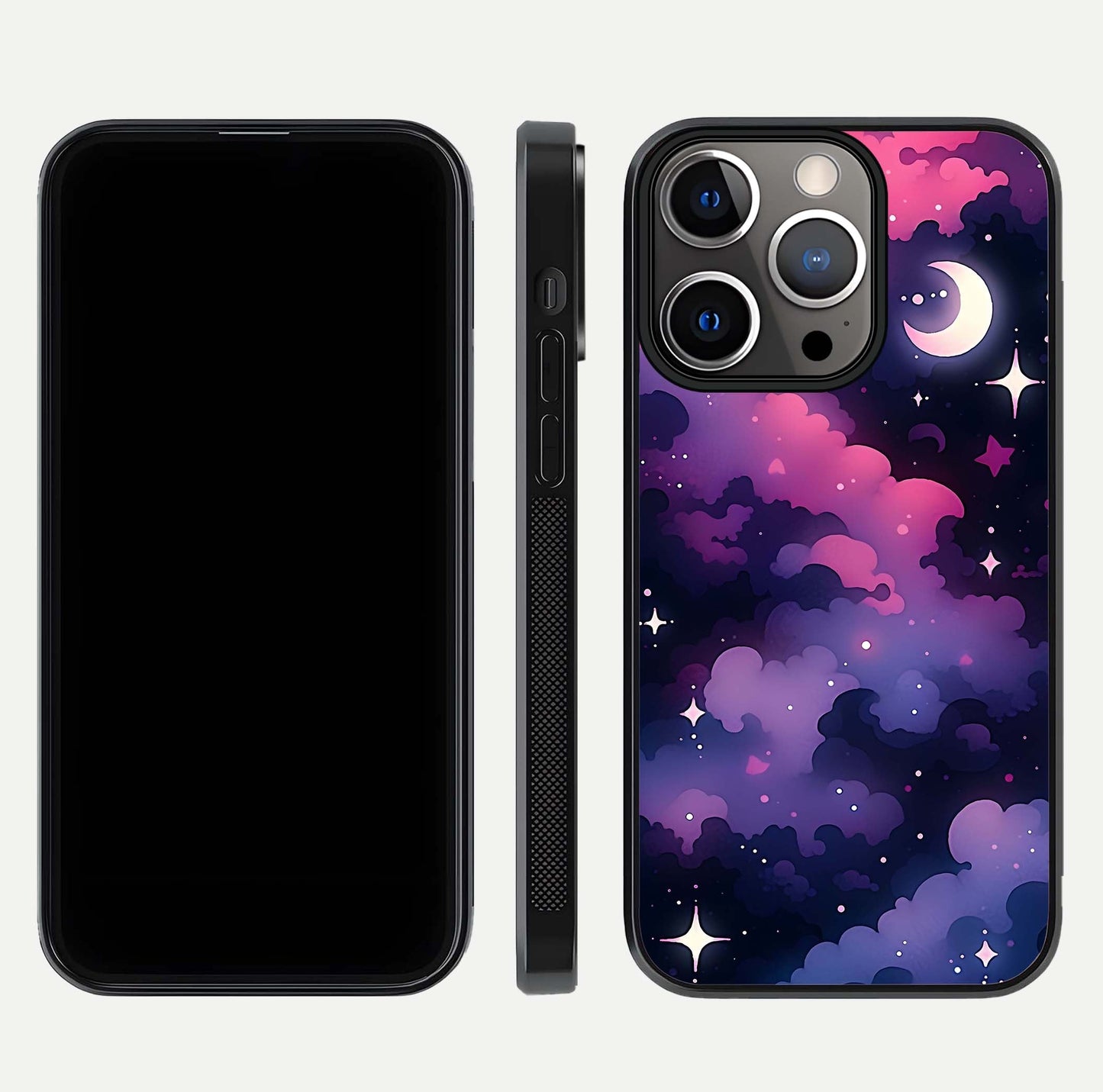 Celestial Moon Magic Glass Case for iPhone 13 Pro dual-view layout displaying lunar design and sleek edges