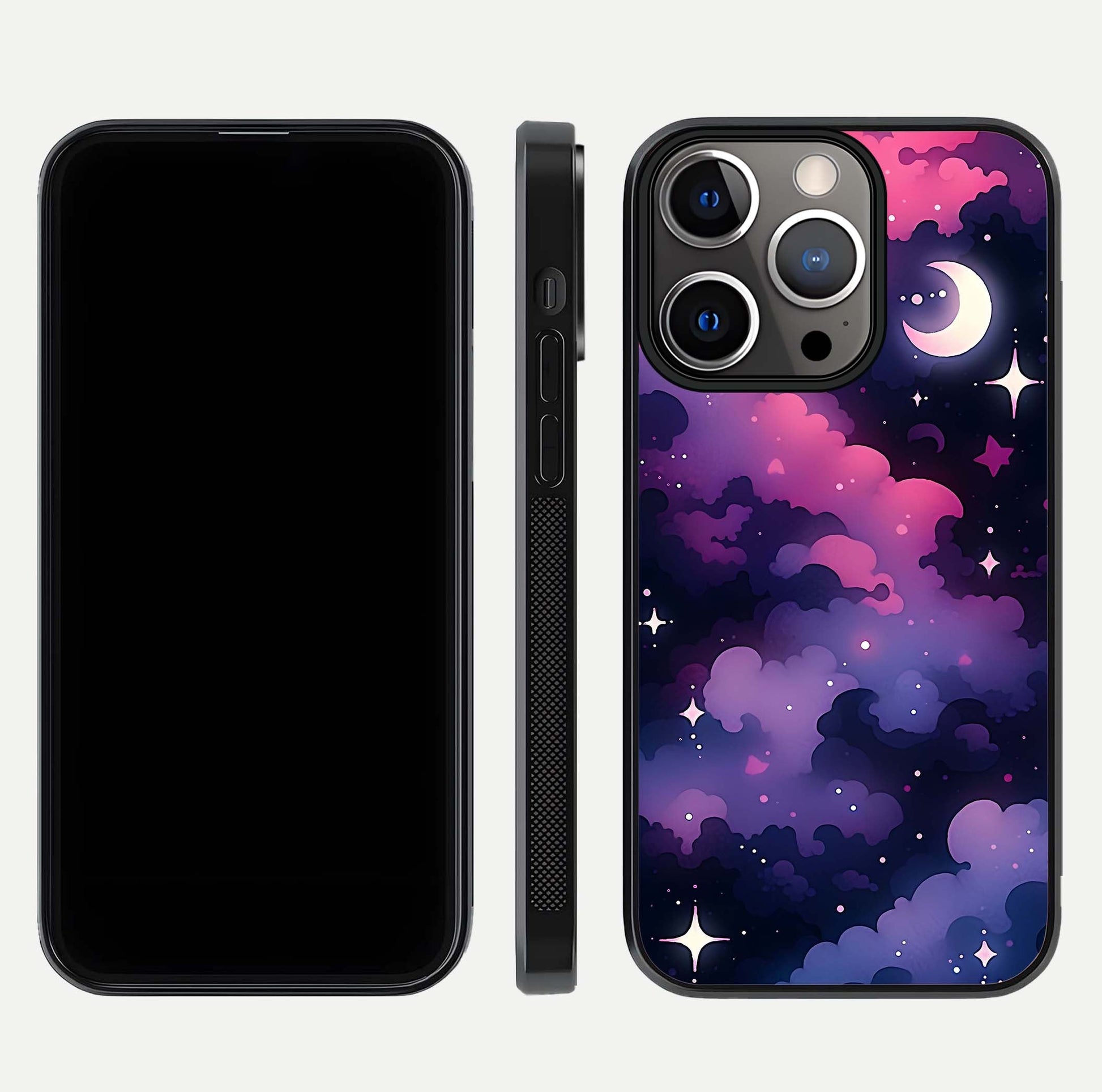 Celestial Moon Magic Glass Case for iPhone 13 Pro dual-view layout displaying lunar design and sleek edges